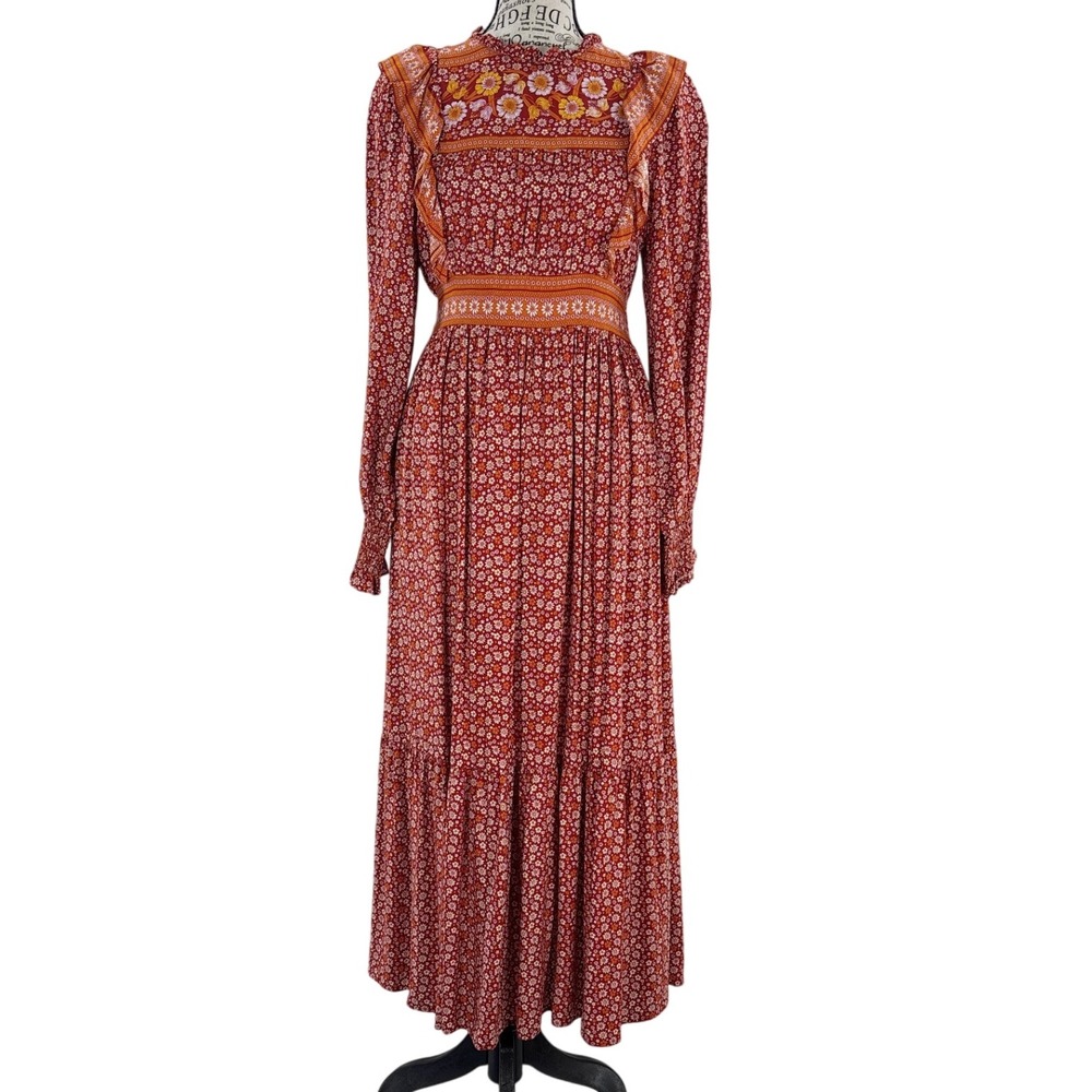 In Loom Floral Prairie Maxi Dress Women's Medium Ruffle Neck Long Sleeve Boho